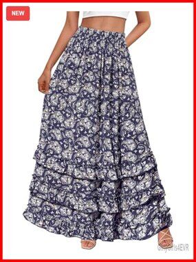 Flowy A-Line Floral Boho Maxi Skirt Ruffle Tiered High Waist Viscose